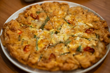 Pajeon, a Korean dish made from a batter of eggs, wheat flour, rice flour, scallions, with other ingredients. Korean Scallion Pancake