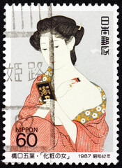 Postage stamp Japan 1987 woman at toilette, by Goyo Hashiguchi