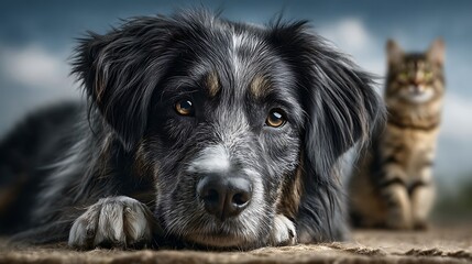 A portrait of a border collie lying down with calm expression, a cat barely visible behind its back, both in front of a sky-blue background.