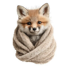 Obraz premium Adorable Fox Cub Wrapped In A Soft Textured Blanket Front View On A Transparent Background