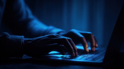 Close-up shot of hands typing on a laptop keyboard in a dimly lit room, bathed in blue light