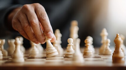 International Chess Day Strategy Premium Close-Up of Hands Moving Pieces on Wooden Board for Autumn Game Tactics Marketing and Education Campaigns