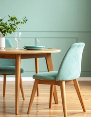 Stylish dining setup featuring a round wooden table and elegant mint green chair modern home interior cozy environment interior design concept