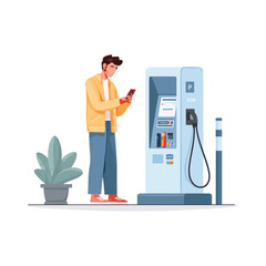 man refueling electric vehicle at modern EV charging station