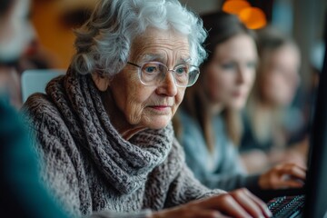 Senior group in a retirement home participating in a computer class with a young instructor, bridging the digital divide, Generative AI