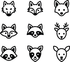 Fototapeta premium Collection of hand drawn animal faces featuring foxes raccoons and deer