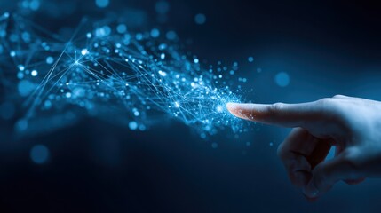 A hand touching and activating glowing network of digital information and interconnected nodes