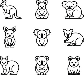 Collection of australian animal icons featuring kangaroos and koalas