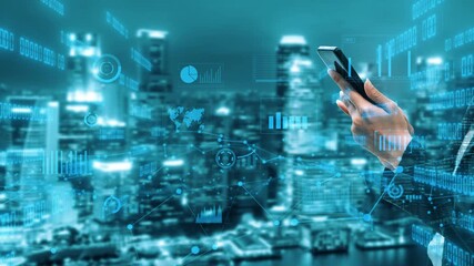 A modern businessman interacts with a smartphone surrounded by digital data visualization and a dynamic city skyline, showcasing technology and innovation. Xenic - Powered by Adobe
