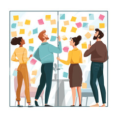 creative brainstorming team placing sticky notes on idea board