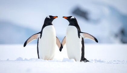 Naklejka premium Two penguins face each other on snowy ground, wings slightly outstretched