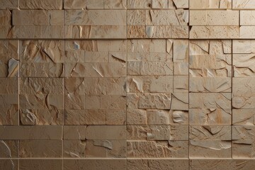 “Textured Brown Tile Wall with Abstract Geometric Pattern”