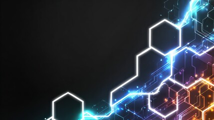 Abstract digital design with glowing hexagons and circuit-like lines on dark background