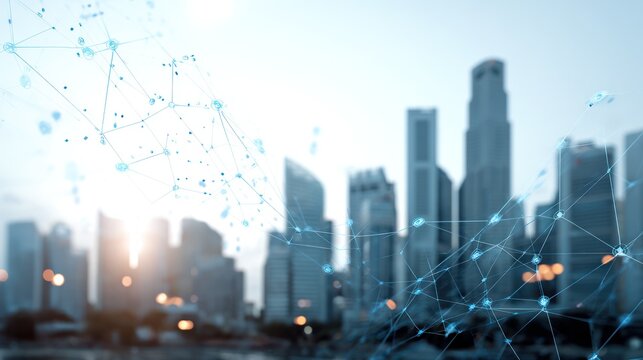 Abstract network connections overlay cityscape buildings blurring into the horizon
