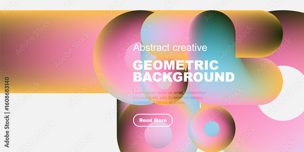 Poster vibrant abstract shapes overlap, creating dynamic colorful background. text promotes geometric desig