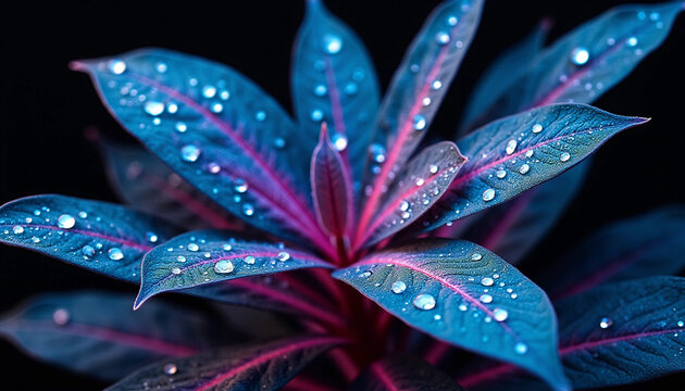 Psychedelic Blue-Pink Leaf with Water Droplets: Futuristic Rain-Kissed Plant Beauty - Powered by Adobe