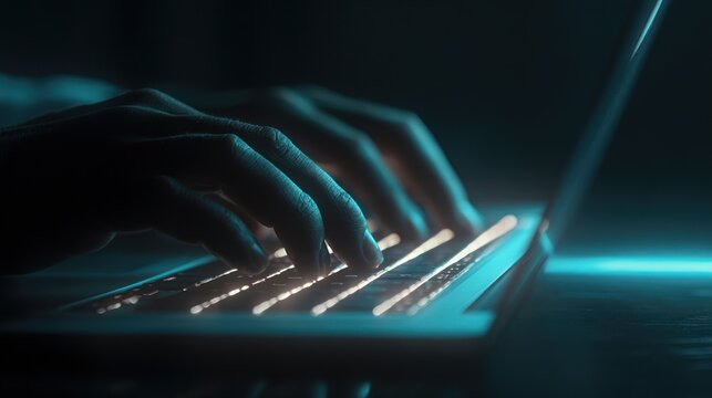 Hands type on glowing laptop keyboard, bathed in mysterious blue and golden light