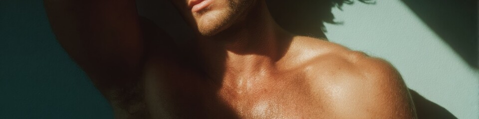 Fototapeta premium Professional sunburned young man inspecting UV damaged skin at home Authentic health concept for dermatology marketing and social media campaigns