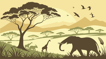 Fototapeta premium Wild animals in desert landscape with sunset sky and tree silhouettes