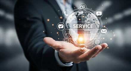 A businessman is holding a globe with service icons, representing global support and business technology