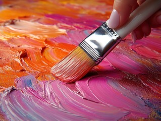 Fototapeta premium Vibrant Acrylic Paint Strokes with Brush in Hand for Artistic Inspiration and Creative Projects