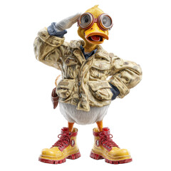 A stylized cartoon duck character salutes while wearing camouflage jacket and goggles