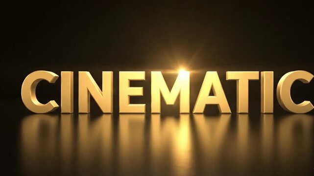 Bold golden CINEMATIC text on a dark reflective surface with a lens flare on the C - Powered by Adobe