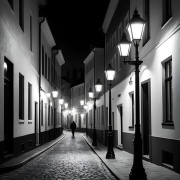 Lamplighter. Lighting the Streets of a Monochrome Town with Glowing Street Lamps