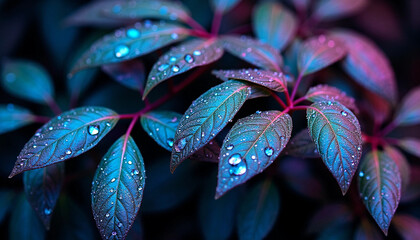 Psychedelic Blue-Pink Leaf with Water Droplets: Futuristic Rain-Kissed Plant Beauty