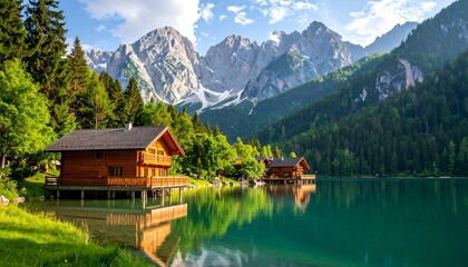 Naklejka premium Mountain lake with wooden houses reflecting in calm water
