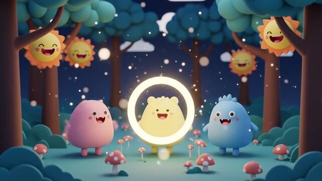 Three cheerful monsters enjoying a sunny day with stars, moons, and suns. Perfect for childrens illustrations, greeting cards, and posters.