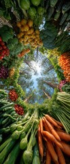 Fototapeta premium Authentic Organic Vegetables Ultra-Wide Fisheye View with Clear Sky Premium Healthy Lifestyle Content for Millennial Food Marketing and Social Media