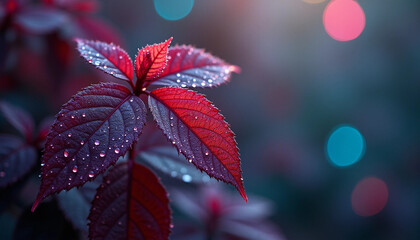 Red Leaves with Water Droplets: Macro Beauty of Plants After Rain with Bokeh