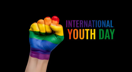 Powerful fist painted with rainbow colors symbolizing pride and unity celebrates International Youth Day with vibrant typography