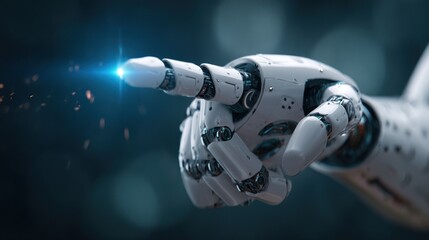 Detailed close-up of a robotic arm and hand, index finger extended with light beam