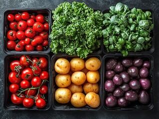 Tomatoes, Lettuce, Spinach, Potatoes in Containers on Dark Background for Food Photography and Recipe Content