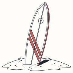 Surfboard standing upright in sand on a beach with a simple graphic design © NAHID 