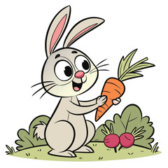 Cute cartoon rabbit holding a carrot in a happy spring illustration