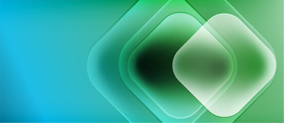 Abstract background features overlapping squares. Gradient transitions from blue to green create soft visual effect. Modern design. © antishock