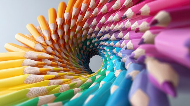 A vibrant spiral of colored pencils creates a mesmerizing tunnel effect for art, design, and creativity concepts.
