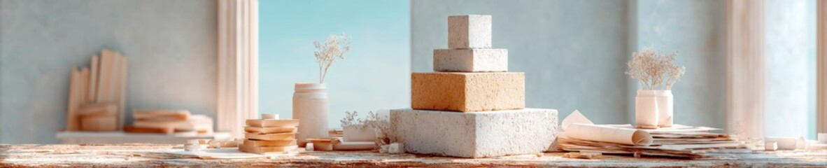 Obraz premium Professional Modern Architectural Site Model with Blueprints and Crane for Urban Planning and Construction Marketing Content Inspiring Creativity and Precision