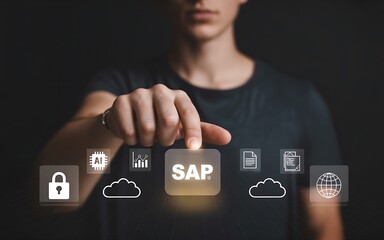 Person touching glowing S A P button with digital icons hand finger