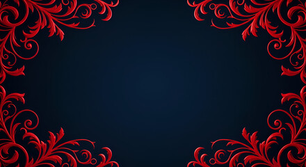 Ornate red floral borders on dark navy background