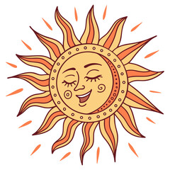 Happy cartoon sun with closed eyes and a smile radiating warmth and light