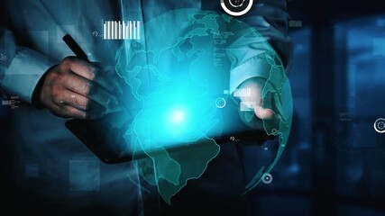 A business professional uses a digital tablet to analyze global data trends while interacting with a glowing globe in a modern office setup, symbolizing technology and connectivity. Xenic - Powered by Adobe