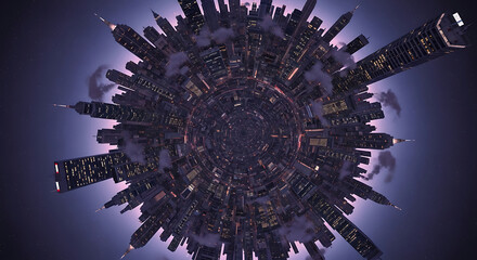 A circular cityscape with dense buildings and skyscrapers, presented in a fisheye perspective, surrounded by a purple and blue gradient sky.