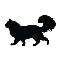 Silhouette of a fluffy cat walking with its tail held high