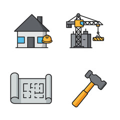 Construction and building icons set with house crane blueprint and hammer
