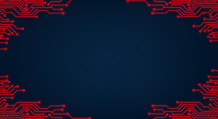 Red circuit board pattern on dark blue background