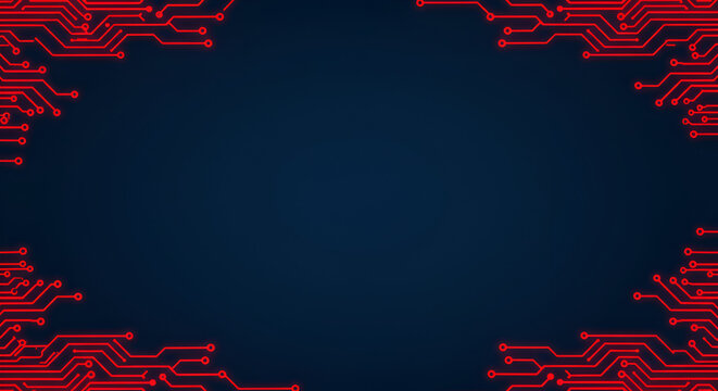 Red circuit board pattern on dark blue background